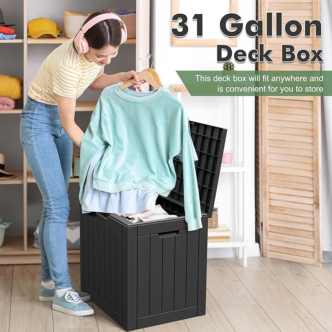 31 Gallon Deck Box Large Outdoor Storage Boxfor Patio Furniture,Outdoor Cushions, Garden Tools, Sports Equipment and Pool Supplies, Waterproof, Resin, Lockable
