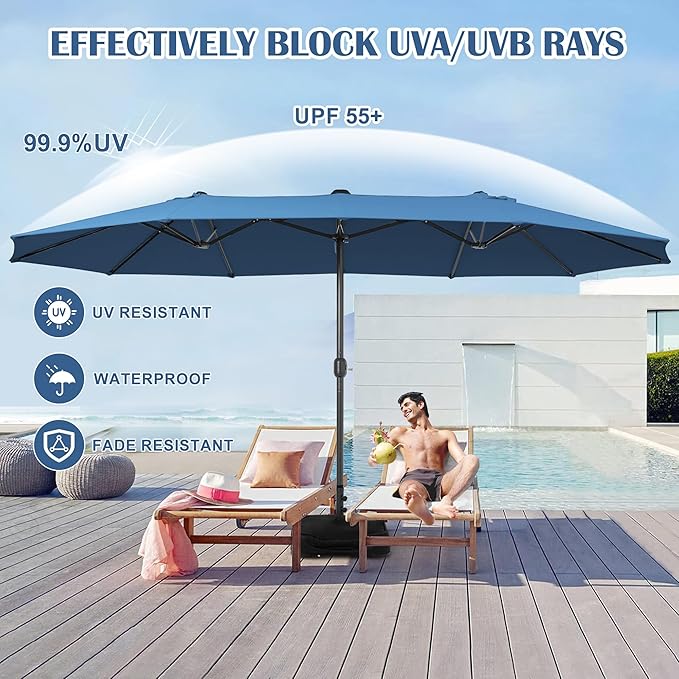 Sundale Outdoor Olefin 5-Year-Non-Fading 15 ft Patio Umbrella with Sand Bag Base and Cover, Large Outdoor Double-Sided Umbrella