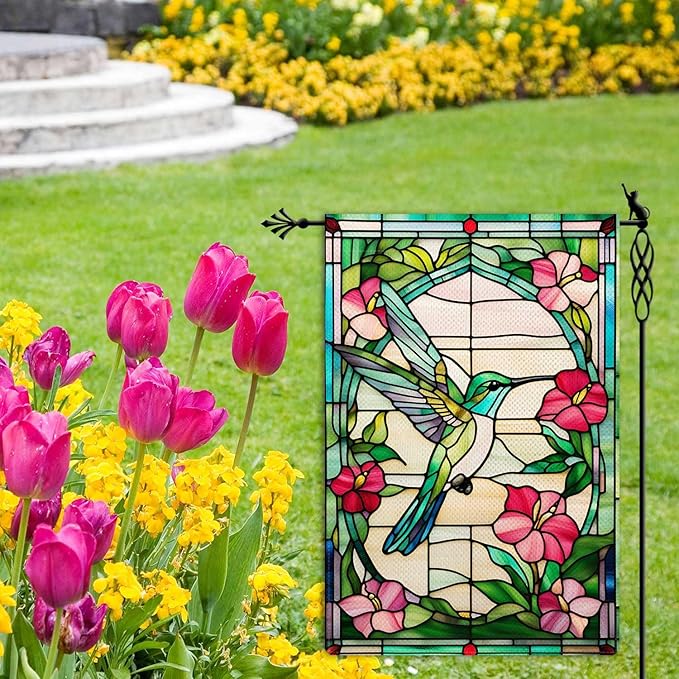 Spring Summer Hummingbird Garden Flag Stained Glass Style Garden Flag Vertical Double Sided Rustic Farmland Burlap Yard Lawn Outdoor Decor 12.5x18"