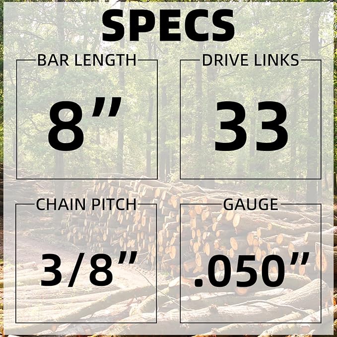 8 Inch Bar and Chain Combo - 3/8" LP Pitch .050'' Gauge 33 Drive Links, 8" Pole Saw Chain Chainsaw Chains Fits Chicago, Earthwise, Greenworks, Sun Joe and more (2Chain+1bar)