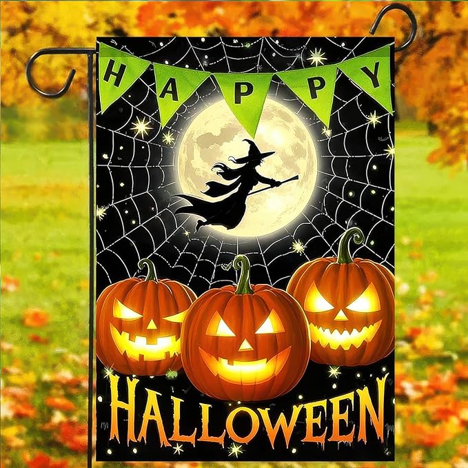 Garden Flags 12x18 Inch Halloween Garden Flag Outdoor Fall Decorations Vertical Double-Sided Witch Pumpkin Moon Banner Yard Sign for Porch Lawn Home Party Garden Decor