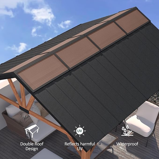 Macrout 11'x13' Hardtop Gazebo with Gabel Roof Canopy and Aluminium Frame, Outdoor Grill Gazebo Pergola for Patio, Backyard and Party, 4944 (Gable Roof + Brown Frame, 11'x13')