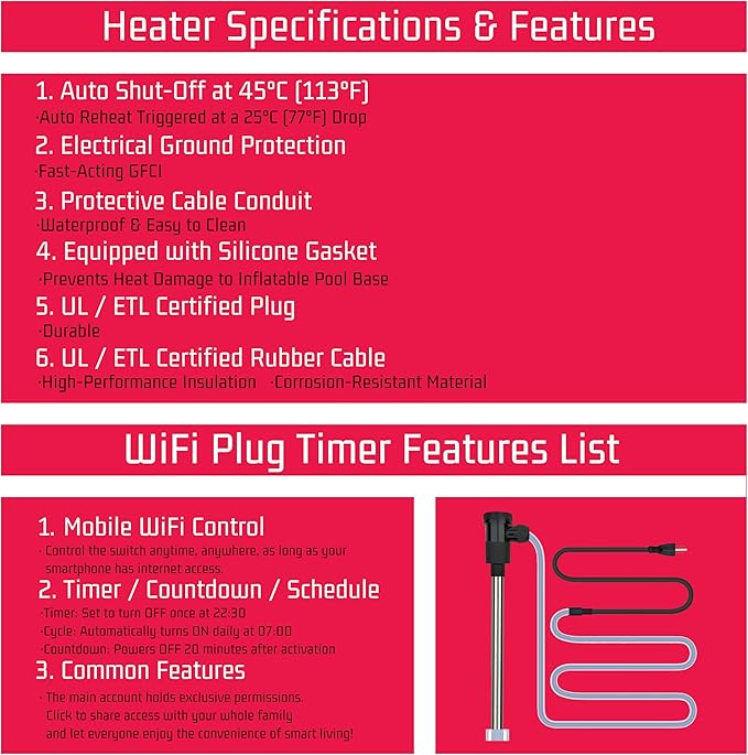 1800W Submersible Water Heater Portable Electric Hot Tub and Pool Immersion Water Heater with Temp Control, WiFi Timer for Bathtub, Spa, swimming pool, Above Ground Pool And baptismal pool