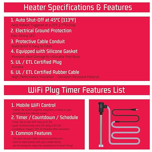 240V 3000W Immersion Water Heater for Hot Tub & Pool – Portable Electric Submersible Heater with Temp Control, Auto Shut-Off, and WiFi Timer for Swimming pool, Above Ground Pool, and Bathtub
