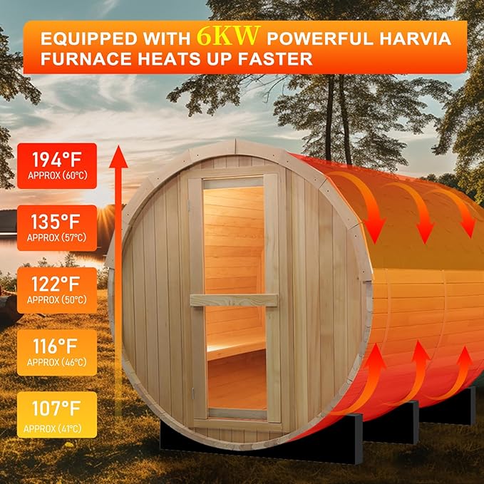 Outdoor Barrel Steam Sauna, 6-8 Person Wood Sauna Room with 6kw Toule Electric Heater with Sauna Stone, Canadian Helmock Wooden Sauna, Sauna Accessories and Asphalt Shingle Roof (Helmock)