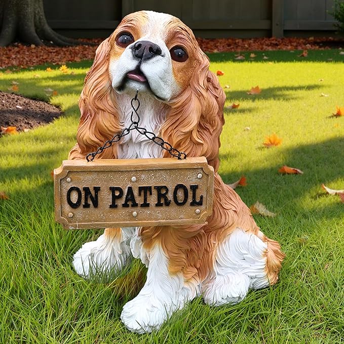 Cavalier King Charles Spaniel Outdoor Dog Statue with Reversible “Welcome/ON Patrol” Hanging Plaque and Solar Porch Lantern, Brown & White Sitting