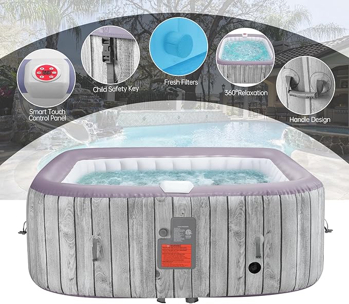 Inflatable Hot Tub for 4-6 Adults – Portable Blow Up Hot Tub with 130 Air Jets, FastFill System & Thermal Cover – Outdoor Spa Hot Tubs for Patio, Backyard & Travel Use (Laminated PVC Square)