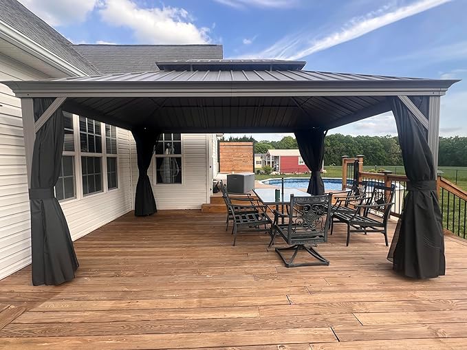 PURPLE LEAF 11' x 15' Hardtop Aluminum Gazebo with Double Metal Roof Heavy Duty Permanent Gazebo for Pool Patio Deck Lawn Garden All Weather Outdoor Pavilion Gazebos, Light Grey