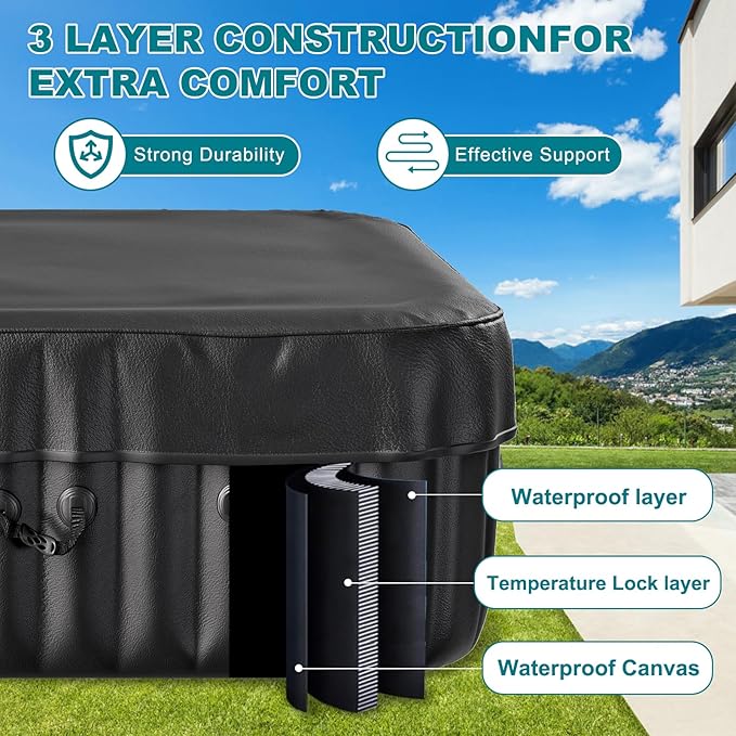 73"X73"X25" Hottub, 4-6 Person Inflatable Hot Tub, Portable Blow Up Hot Tub Square Portable Outdoor Spa with 130 Bubble Jets and Heater Pump, Filter