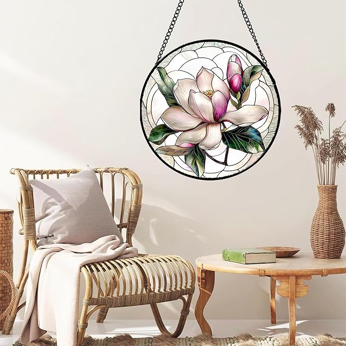 Stained Glass Window Hanging - Pink Magnolia Flower Petal Suncatcher for Doors Window Home Sun Catchers Decor Christmas Mother's Day Birthday Gifts for Teacher Women Men Mom Nana 14.9 in