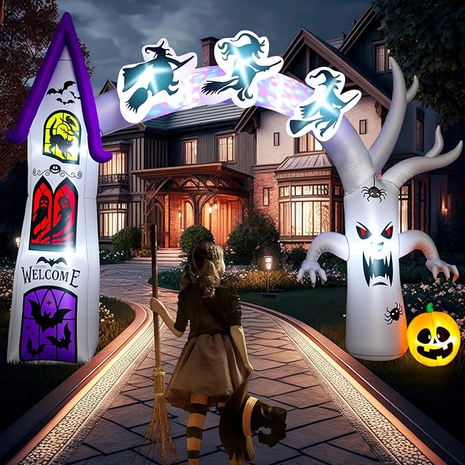 Capoda 14 FT Inflatable Halloween Archway - Castle Witch Dead Tree Blow Up Arch, Build-in Colorful LED Lights for Entryway Garden Yard Lawn Halloween Inflatables Outdoor Decorations