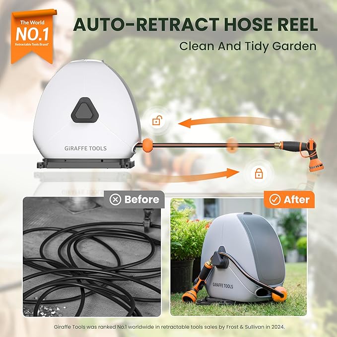 Giraffe Tools Heavy Duty Retractable Hose Reel, 5/8" x 92FT Automatic Rewind Garden Hose Reel with 360° Swivel Base, Ground Mounted for Lawn, Patio, Concrete Floor & Yard Watering