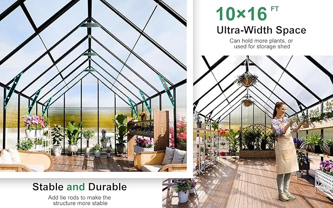 CDCASA 10x16x10 FT Greenhouse for Outdoors, Large Thicker Aluminum Polycarbonate Greenhouses w/3 Vents Window, Swing Door & Quickly T Connector Walk-in Green House for Outside, Backyard, Garden
