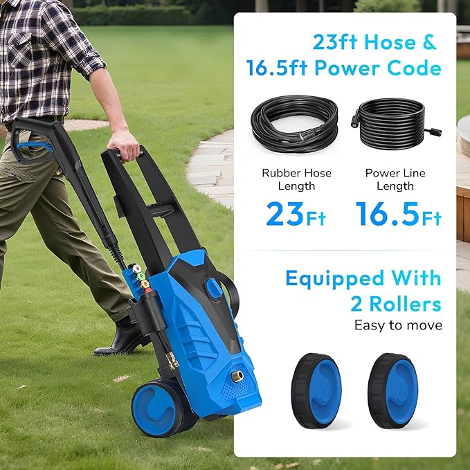 Electric Pressure Washer, 2100 Max PSI 2.0 Max GPM with Anti-Tipping Technology, Onboard Soap Tank, 4-Nozzle Set, for Cars/Fences/Driveways/Home/Patios, Blue