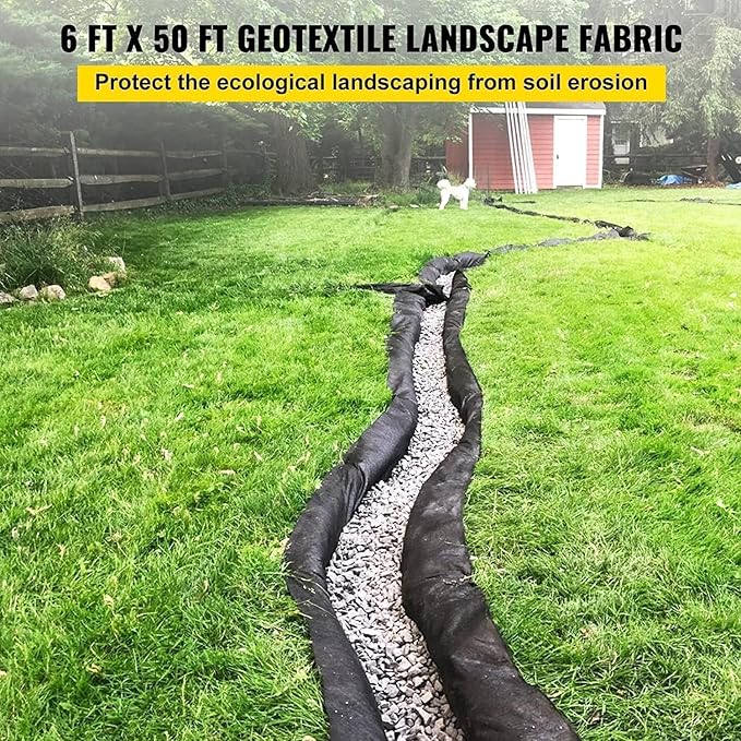 Towallmark Geotextile Landscape, 6ft x 50ft & 6oz Geotextile Fabric, PP Drainage 350N Tensile Strength & 440N Load Capacity, for Driveway & Road Stabilizationr, Erosion Control, French Drains