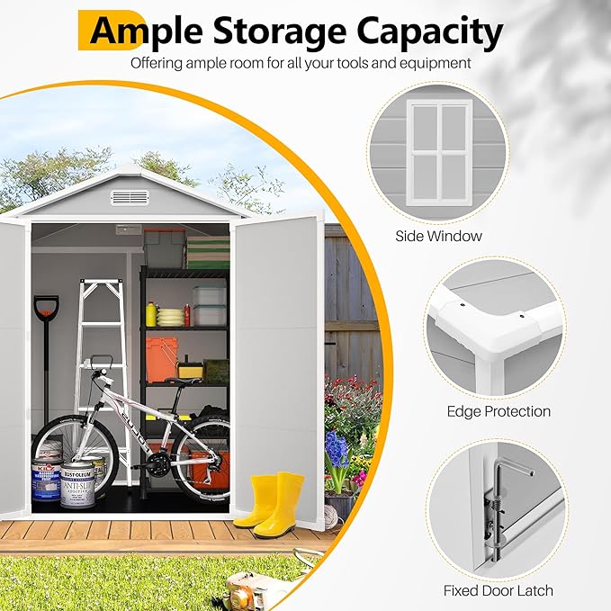 HUGROVE 6×4 Outdoor Storage Shed with Floor, Waterproof & UV-Resistant Resin Garden Shed for Backyard, Weather-Resistant Plastic Tool Shed with Lockable Double Doors, Air Vents & Side Window (Gray)