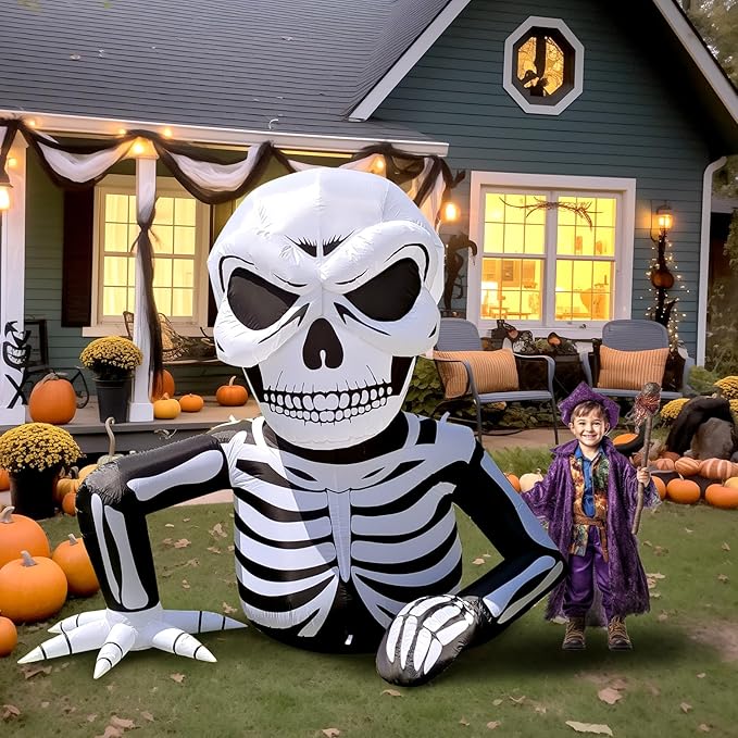 WBHome 6 Ft Halloween Inflatable Half Body Skeleton Skull Decorations, Day of The Dead Blow Up Yard Decor with Built-in LED Light (Plug in) for Lawn Home Dia de Los Muertos Party Indoor Outdoor