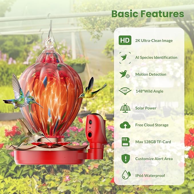 Smart Hummingbird Feeder with Camera, 2K HD Solar Panel Glass Bird Feeder with Night Vision&Water Sensor for Garden Decor, 148°View, AI Bird ID, Alexa & Google Compatible, IP66 Weatherproof