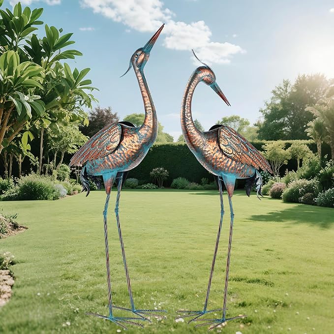 chisheen Garden Crane Statues Blue Heron Metal Yard Art Outdoor Decoration,Large Sculptures for Lawn Patio Porch,39-44 inch,Set of 2