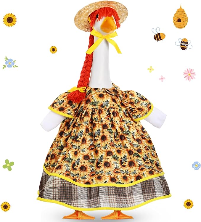 Fall Goose Outfit Harvest Sunflower Lawn Porch Cement Goose Clothes Harvest Skirts Hat Wig for Fall Thanksgiving Garden Outdoor Patio Yard Statue Art Decor(23 Inch)