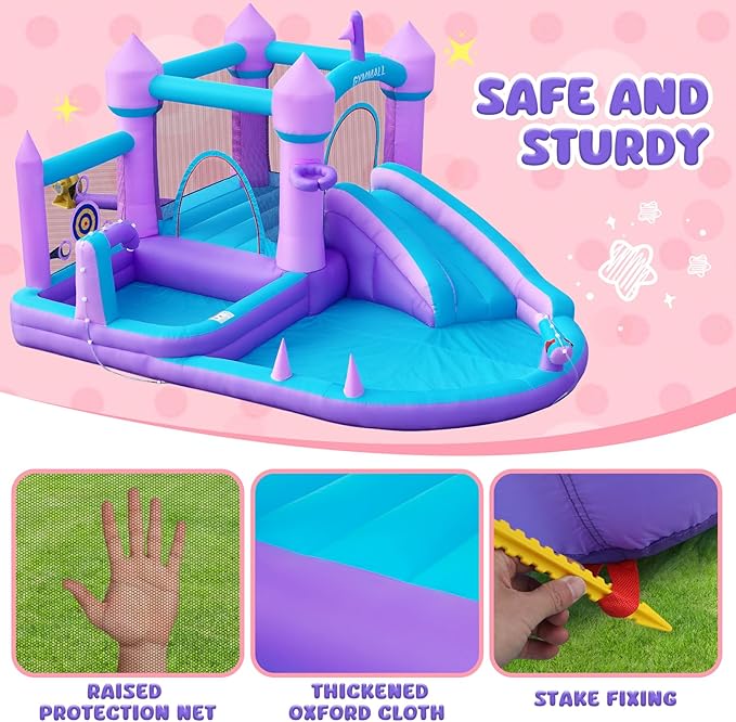Water Bounce House for Kids 3-8, Purple Large Inflatable Bouncy Castle with Water Slide 480W Air Blower Jumping Space Ball Pit Swim Pool Basketball, Bouncy House for Party Birthday Event Gift