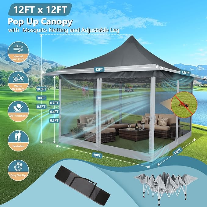 COBIZI 12x12 Pop Up Gazebo On Clearance Canopy Tent Easy Up Outdoor Gazebo Waterproof Upgrade with Mosquito Nettings and Carry Bag for Patio Garden Lawn