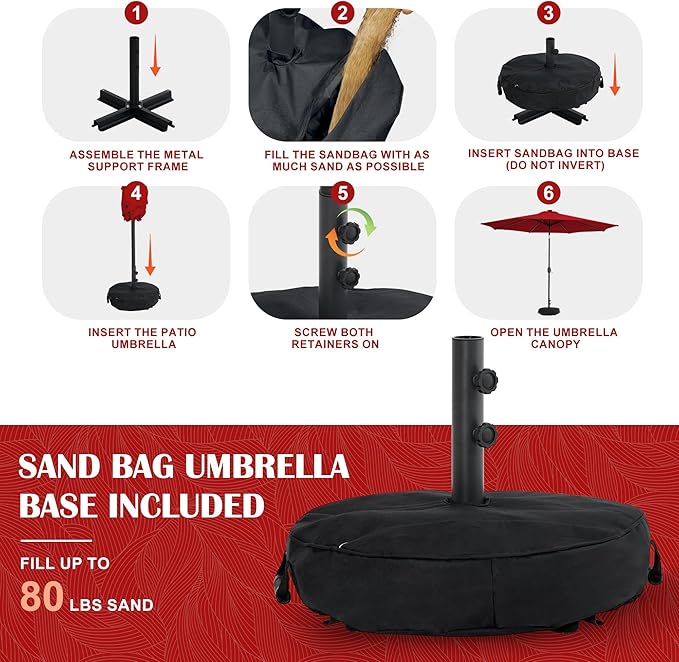 Sundale Outdoor 11 ft Patio Umbrella with Sand Bag Umbrella Base Included, Outdoor Umbrella with Tilt and Crank, Red