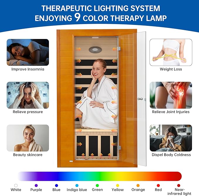 Infrared Sauna Room for Home, Near Zero EMF Indoor Home Sauna for up to 2 Person with Infrared Red Light Therapy, Bluetooth Speakers, Canadian Hemlock Wood