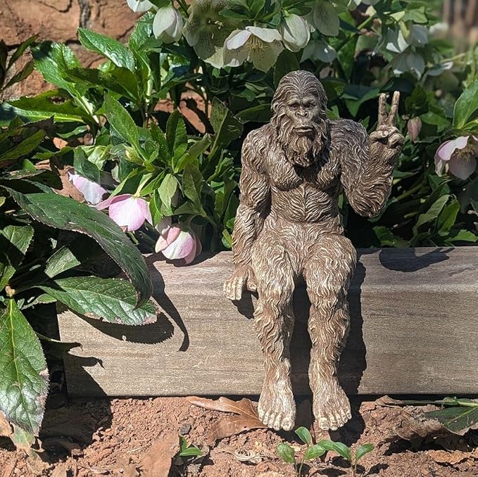 John Bernard & Company Bigfoot Peace Sign Decorative Sasquatch Yeti Statue/Figurine Indoor/Outdoor Sculpture for Patio, Deck, Home, Office 10 in H Shelf Sitter Figurine (Stonewash)