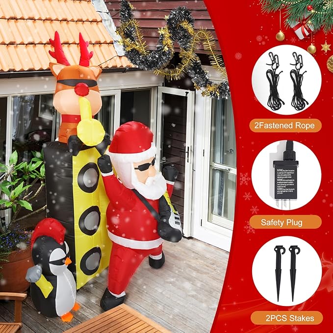Bonus Bluetooth Speaker! 7FT H Christmas Inflatable Santa with Friends Reindeer& Penguin&Snowman Holding Concert, Animated Christmas Inflatable with Build-in LED Lights fo Christmas Decor