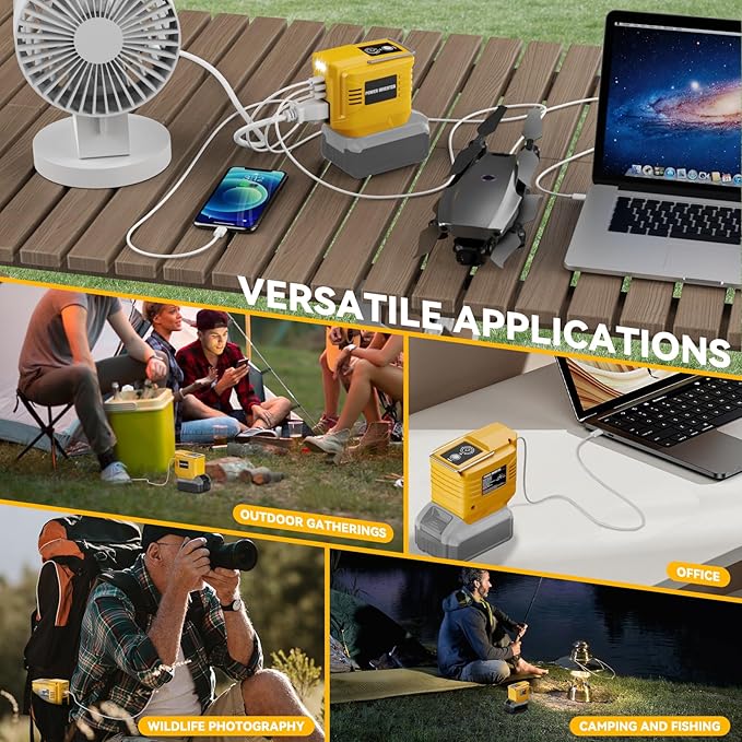 200W Power Inverter for Dewalt 20V, DC 20V to AC 110V Inverter, Portable Power Station with 2 USB Ports & 1 AC Outlet & 1 Type-C Fast Charging, Battery Adapter with LED, Battery Not Included