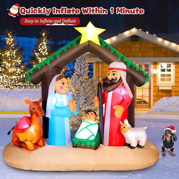 7FT Christmas Inflatable Nativity Scene with Baby Jesus, Parents, Donkey, Sheep, Star, Blow Up Manger Set Indoor & Outdoor Decorations, Built-in LED Lights for Garden, Lawn, Yard, Christmas Parties