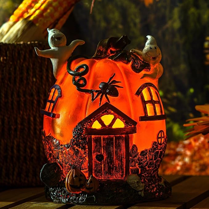 Topadorn Fall Pumpkin House Statue with LED， Pumpk Fall Decor for Home -Thanksgiving Indoor & Outdoor Party Decor, 7.09" H