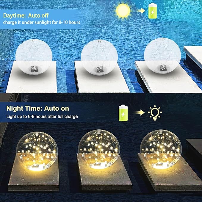 Solar Powered Floating Pool Lights - 14" Inflatable Waterproof Floating Light UP Pool Glow Balls, 3000K Warm-White Led Pool Lights That Float for Party Decorations, Outdoor Patio Detor (8)