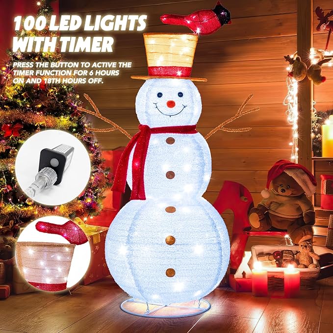 NALONE 4 FT Christmas Lighted Snowman with 100 LED Lights & Timer, Collapsible Snowman Christmas Decorations Outdoor Yard Home, Fluffy Snowman with Bird