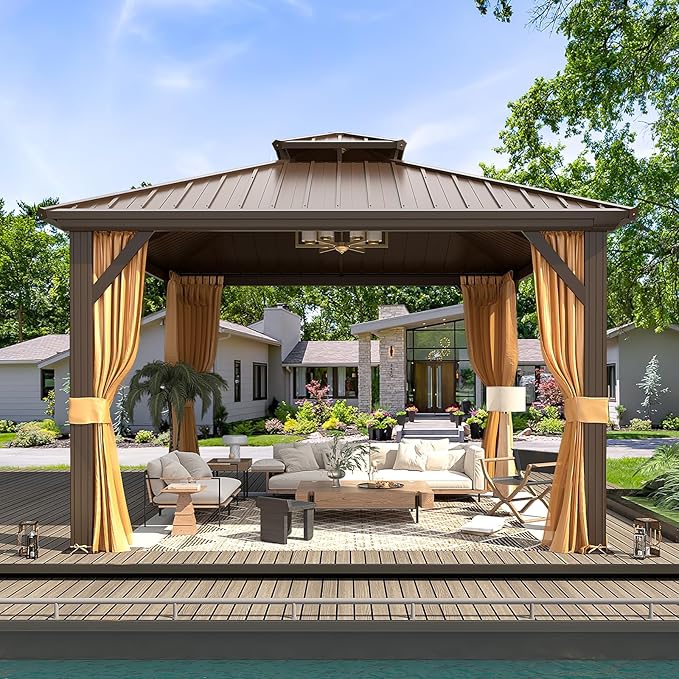 MELLCOM 12'x12' Hardtop Gazebo, Metal Double Roof Aluminum Gazebos with Curtain and Netting,Brown Permanent Galvanized Steel Pavilion for Patio, Lawn & Deck