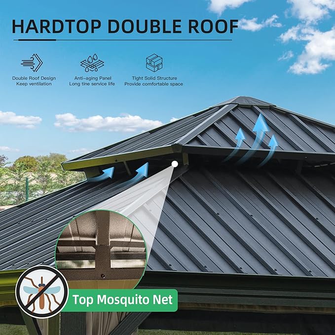 Domi Outdoor Living 12’ X 12’ Hardtop Gazebo, Outdoor Aluminum Frame Canopy with Galvanized Steel Double Roof, Outdoor Permanent Metal Pavilion with Curtains and Netting for Patio, Backyard and Lawn