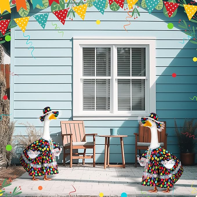 Suzile Happy Birthday Goose Outfit Dresses Clothes for 23" High Cement or Plastic Porch Goose Costume for Yard Lawn Outdoor Garden Patio Statue Xmas Santa Holiday Decor