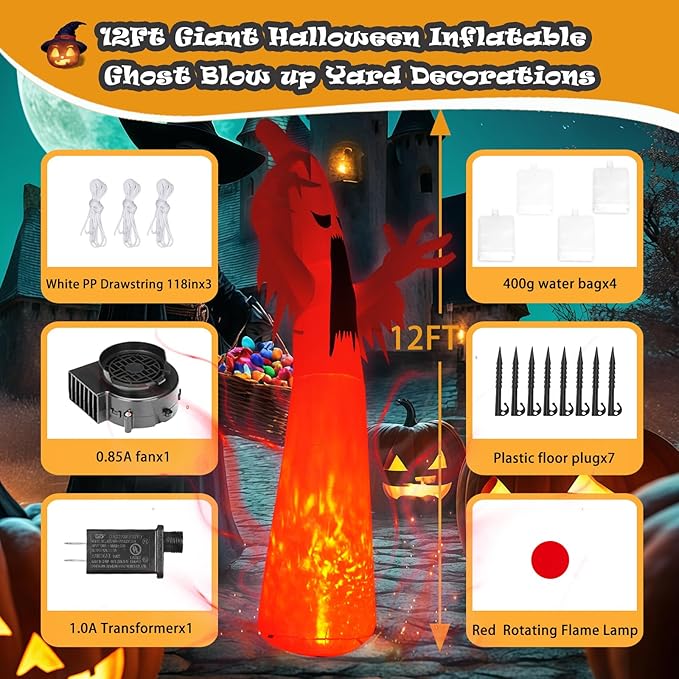 Halloween Inflatable Ghost Decoration, LED Color Changing Lights, Outdoor Yard Decor with Wings (12FT Giant White Ghost)