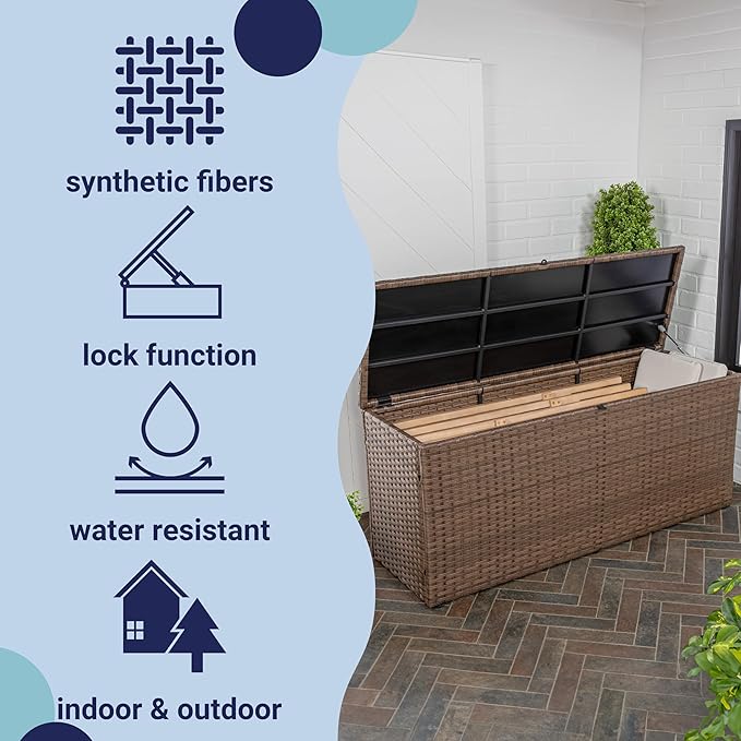 happimess TRK1000B Nino 31.5" Modern Minimalist Outdoor Faux Wicker Deck and Patio Storage Box, Brown, Soft-Close, for Package Delivery, Patio Furniture, Cushions, Gardening Tools, Pool Supplies