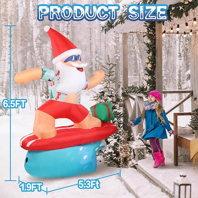 Gardentime 6.5FT Christmas Santa Claus Inflatables Outdoor Decoration Surfing Santa Fun Hawaii Giant Xmas Blowups with Built-in LED Lights for Holiday Indoor Yard Lawn Garden Outside Home Decor