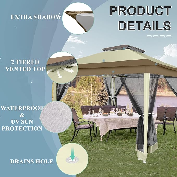 COBIZI 12x12 Pop up Gazebo on Clearance with Mosquito Netting & Sandbags, Outdoor Canopy Tent with 4 Ropes 8 Stakes & Portable Carrying Bag, Patio Portable Gazebo for Garden Backyard & Lawn,Khaki
