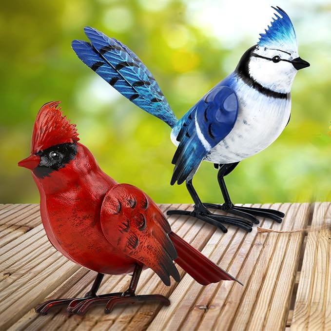 Shorayn Cardinal Decor Garden Statues Metal Bird Yard Art Sculptures,Standing Blue Jay Figurine Outdoor Decoration for Lawn Ornament,Christmas Housewarming Birthday Gifts for Women