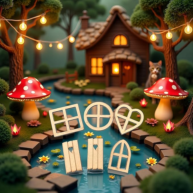 12Pcs Brown Wooden Fairy Garden Door,Blank Doors Fairy House Door and Windows Ornaments Tree Statues for Tree Trunk Yard Decoration Miniature Garden Buildings and Structures