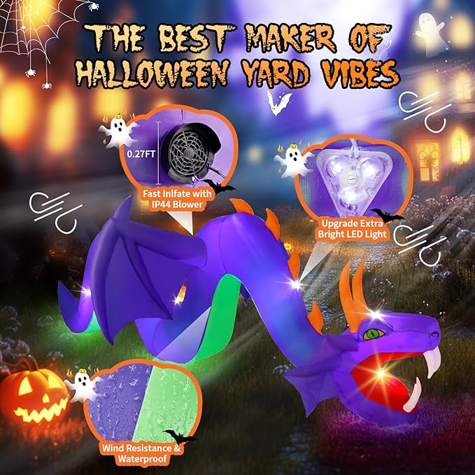 12FT Halloween Inflatables Outdoor Decoration, Large Flying Dragon with Openning Red Mouth Blow Up, Giant Outside Hanging Inflatable with 7 LEDs Light Up for Holiday Yard Lawn Patio Parties Display