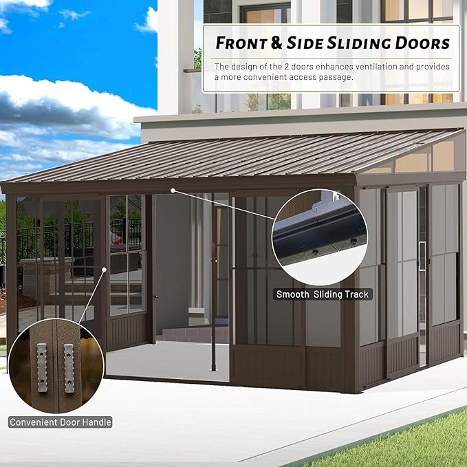 12'x14' Lean to Sunroom, All Weather Wall Mounted Solarium, Hardtop Aluminum Gazebo with Galvanized Steel Roof, 2 Sliding Doors, PVC Screens, Outdoor Permanent Sun Room for Patio, Deck, Backyard