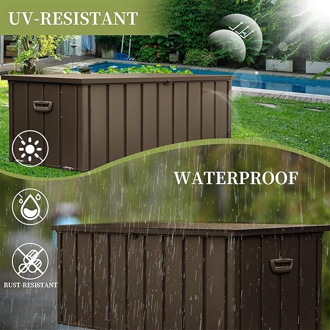 Metal Storage Box for Outdoor Dark Brown Lockable Water-Resistant Deck Box for Patio Garden Tools Organization Rust-Resistant Heavy-Duty Outside Storage Box (150 Gallon)