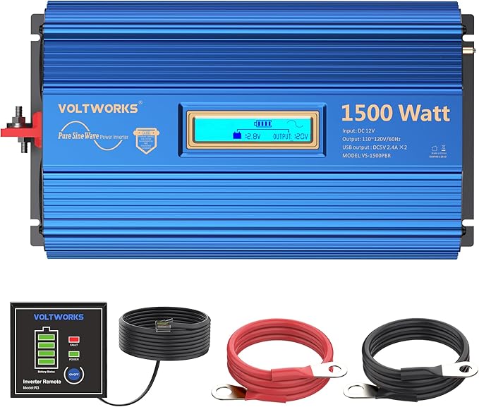 1500Watt Pure Sine Wave Inverter 12V DC to 110V 120V AC Power Inverter with Remote Control LCD Display and 2x2.4A USB Ports 3 AC Outlets Compatible with Lithium Battery for Home RV Truck by VOLTWORKS