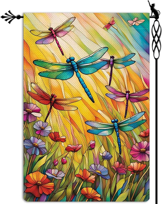 Spring Summer Dragonfly Garden Flag Floral Flowers Garden Flag Vertical Double Sided Rustic Farmland Burlap Yard Lawn Outdoor Decor 12.5x18"