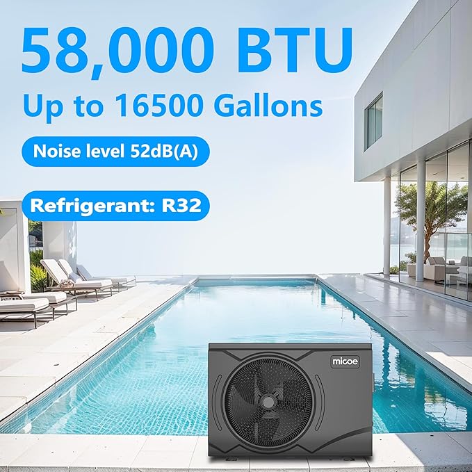 MICOE 58000 BTU Inverter Swimming Pool Heat Pump Up to 30ft (8/18/30ft) &16500 Gallons Electric Pool Heater for Above Ground or Inground Pool, Heating and Cooling Pool Heater